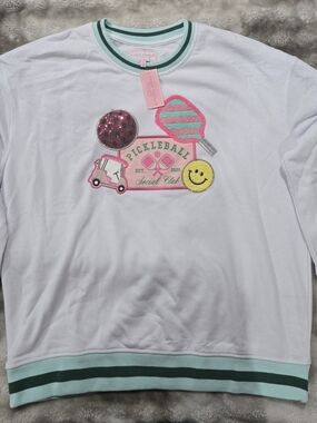 Simply Southern White Pickleball Graphic Pullover with Mint and Pink Trim